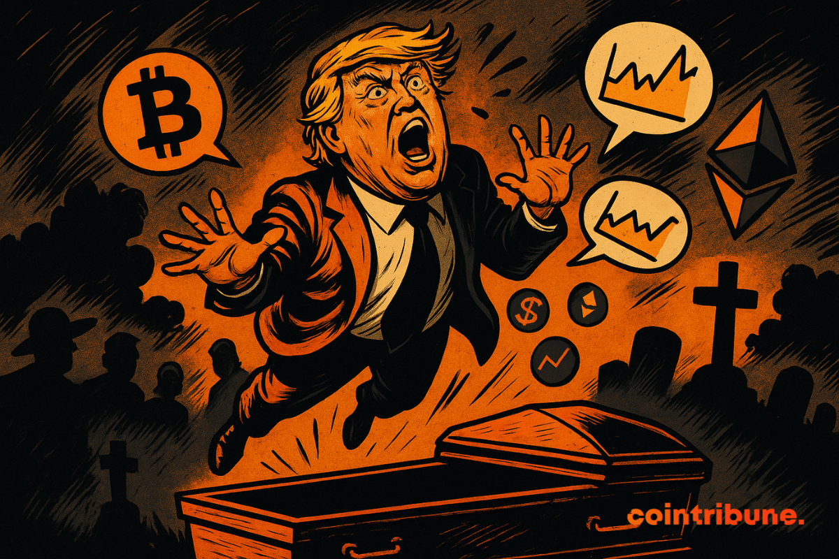 Cartoonish Trump screams, floating above an orange coffin, surrounded by glowing cryptos, blurred journalists, dramatic dark atmosphere, intense movement.