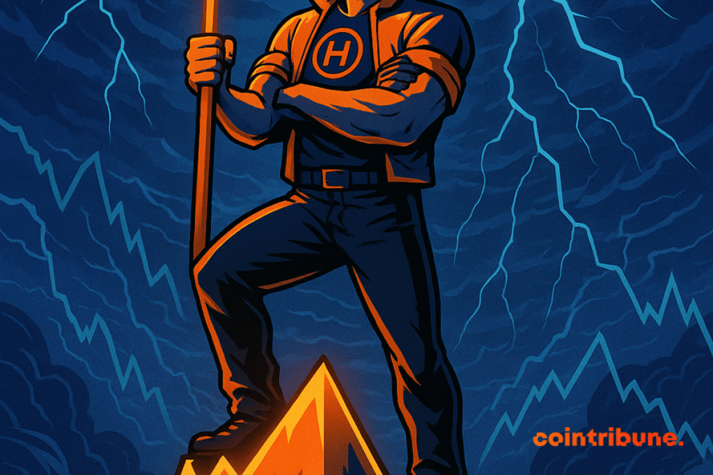 Um herói criptográfico em pé no pico de um gráfico, simbolizando a Hyperliquid (HYPE) resistindo orgulhosamente à tempestade do mercado.