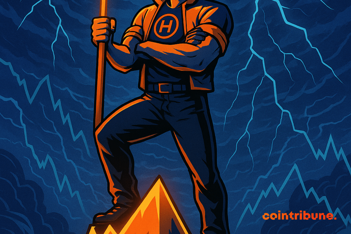 A crypto hero standing on a chart peak, symbolizing Hyperliquid (HYPE) proudly weathering the market storm.