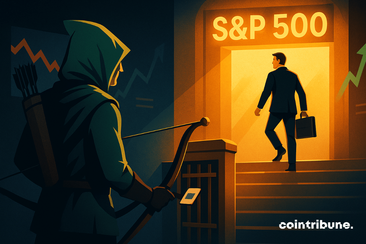 Figura da Robinhood tem entrada negada no portão do S&P 500 enquanto empresário sobe escadas sob luz dourada