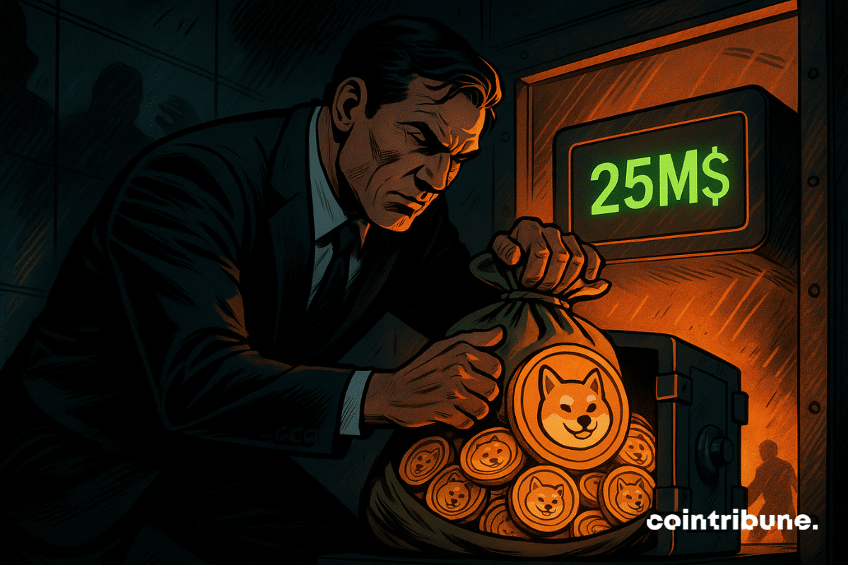 A suited agent secures a bag of golden BONK coins in a safe, illuminated by a bright orange light.