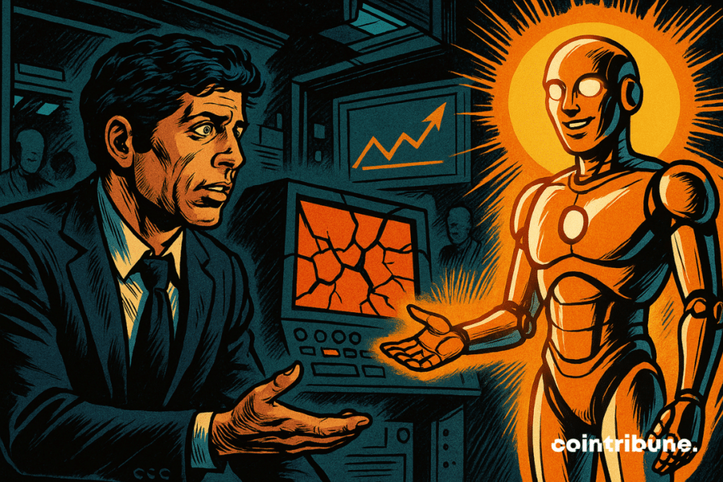 Sam Altman reaches out to glowing GPT-6, contrasting with cracked GPT-5, tension, hologram, dynamic lines, futuristic atmosphere.