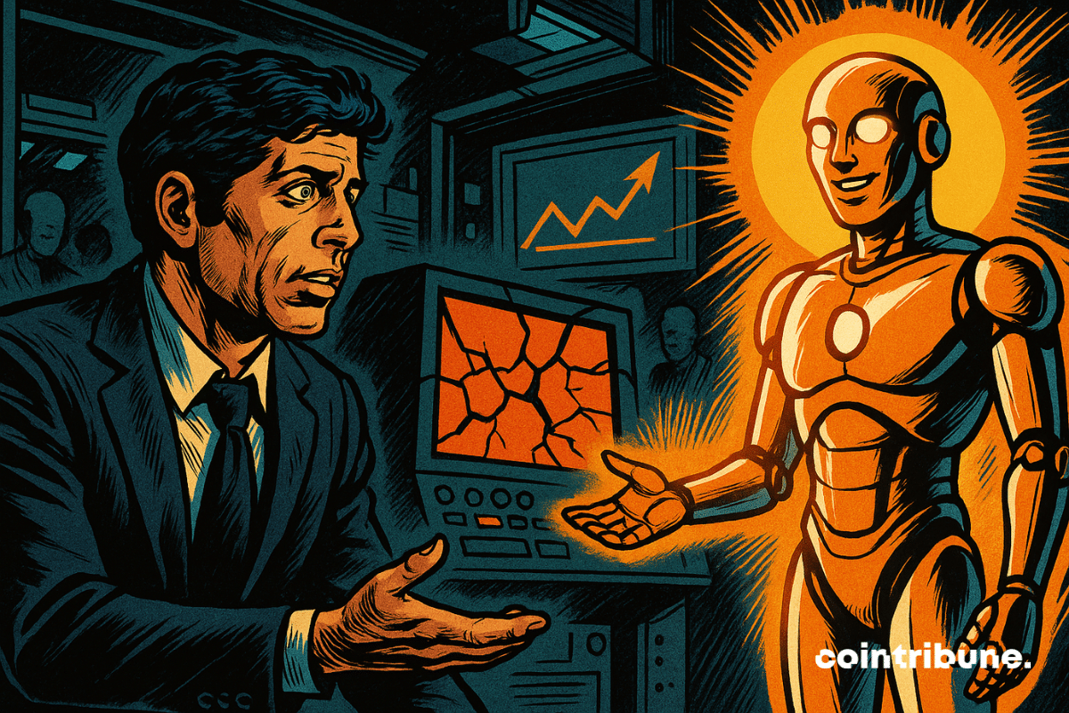 Sam Altman reaches out to glowing GPT-6, contrasting with cracked GPT-5, tension, hologram, dynamic lines, futuristic atmosphere.