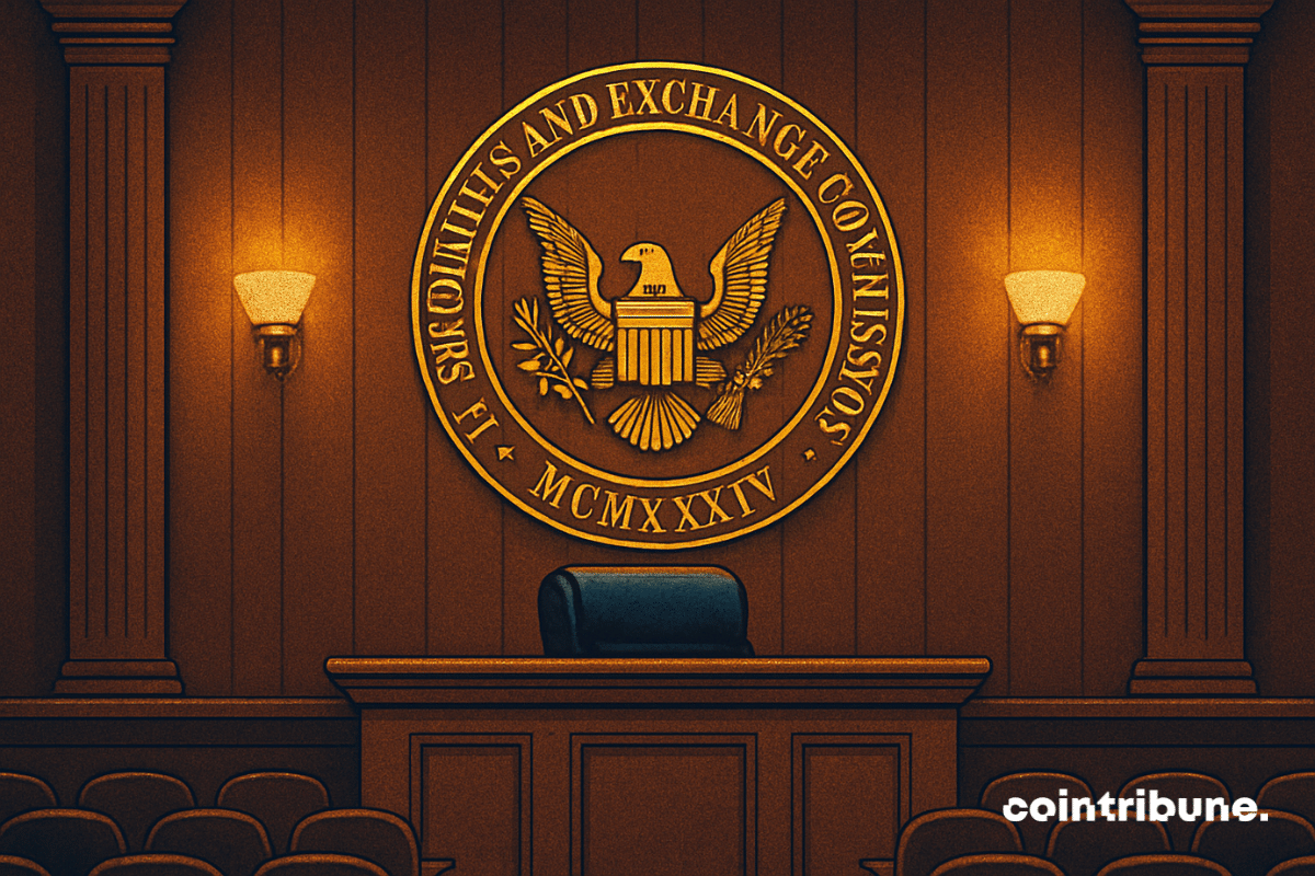 Escena de sala de tribunal con el sello de la Comisión de Bolsa y Valores de Estados Unidos (SEC) exhibido sobre el banco de un juez.