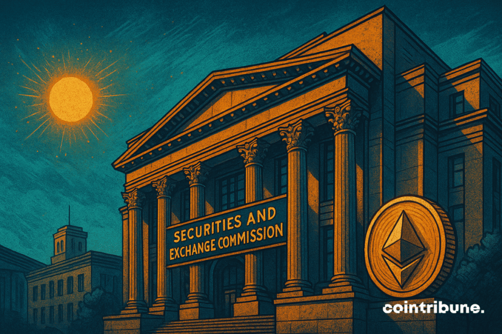 Illustration of the U.S. Securities and Exchange Commission (SEC) building with a large Ethereum coin symbol beside it, under a glowing sun.