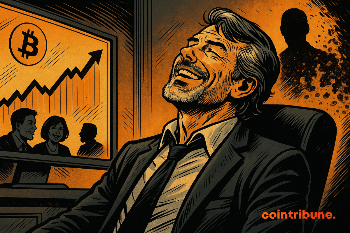Michael Saylor, smirking, looks upward, legal threat disappears in smoke, Bitcoin charts in the background.