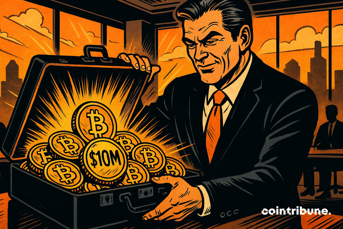 Empresário abre uma maleta cheia de moedas Bitcoin brilhantes marcadas com "US$ 10 milhões".