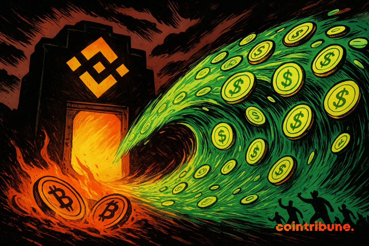 A comic-style scene of a glowing Binance portal absorbing a flood of green dollar coins while flaming Bitcoin coins sink below.