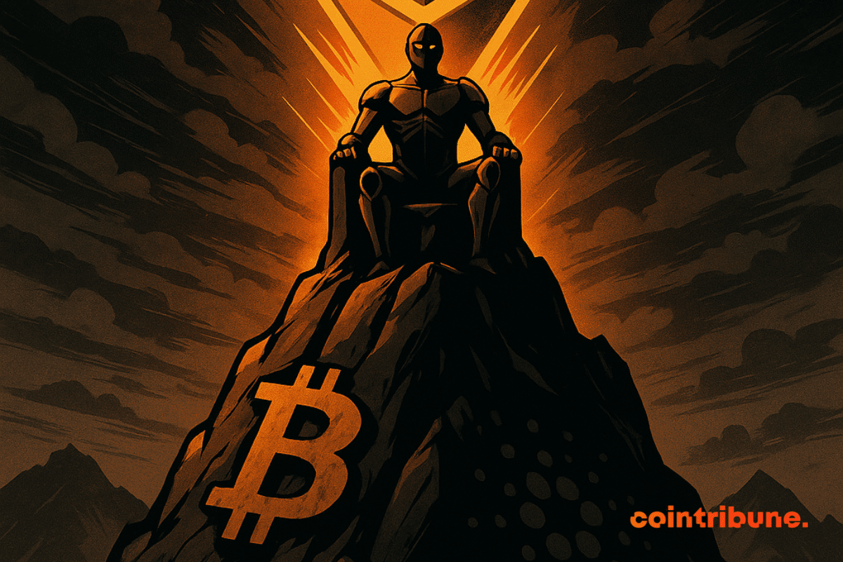Ilustração em estilo de história em quadrinhos do Ethereum sentado em um trono brilhante no formato de seu logotipo, com vista para uma montanha que simboliza o mercado de criptomoedas.