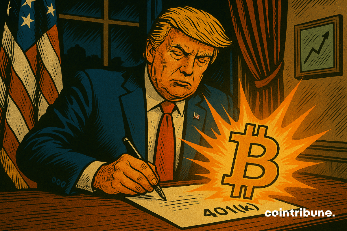 Trump signs an executive order, his face focused, lit by a glowing Bitcoin, with the American flag behind him, a dramatic and contrasting atmosphere.