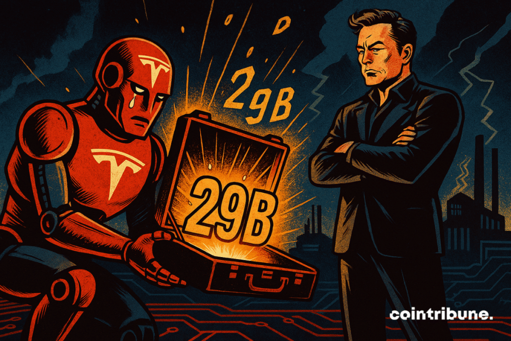 Musk standing in front of the Tesla robot. He is holding out an open briefcase filled with golden light and the numbers '29B'.
