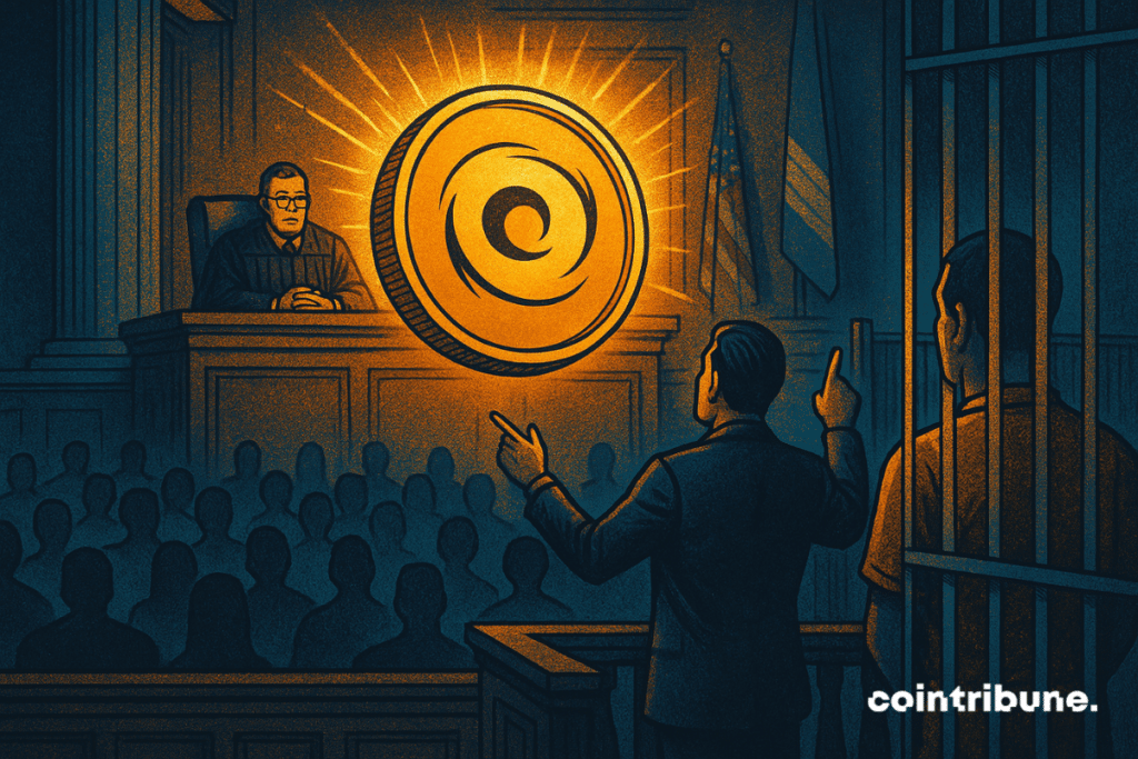 Illustration of a courtroom scene featuring a judge, a defense attorney, and a jailed defendant with a glowing Tornado Cash logo symbolizing the case’s focus on crypto privacy tools.