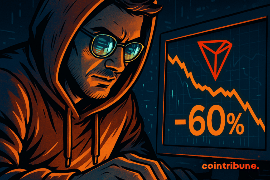 A hacker observes the dramatic drop in Tron fees, displayed in red on a screen, creating a dark and intense crypto atmosphere.