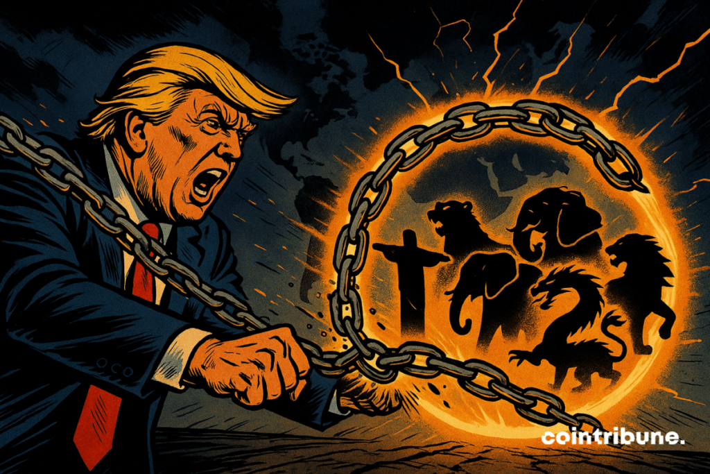 Trump é muito expressivo: maxilar cerrado, olhos arregalados, boca aberta em um grito de raiva. Seus braços estão estendidos à frente, projetando grandes correntes de metal. Em vez de esmagar seus oponentes, as correntes se fecham em um círculo laranja luminoso em torno de cinco silhuetas icônicas que representam os BRICS.