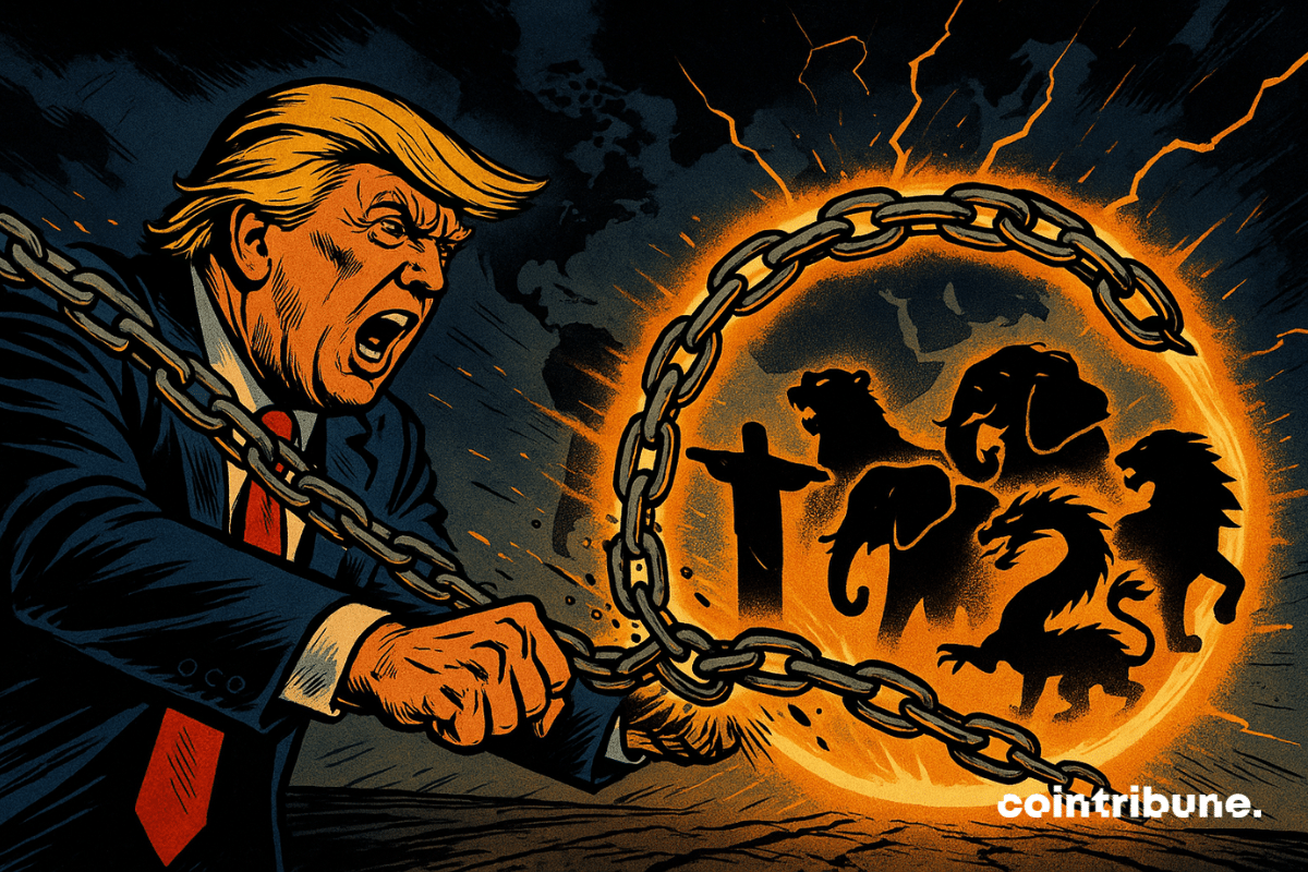 Trump é muito expressivo: maxilar cerrado, olhos arregalados, boca aberta em um grito de raiva. Seus braços estão estendidos à frente, projetando grandes correntes de metal. Em vez de esmagar seus oponentes, as correntes se fecham em um círculo laranja luminoso em torno de cinco silhuetas icônicas que representam os BRICS.