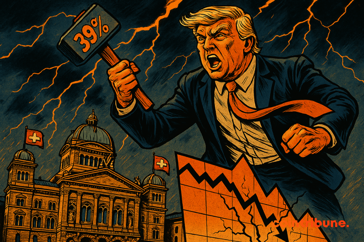 Donald Trump empunhando um martelo com a inscrição "39%" acima do Parlamento Suíço, no estilo de história em quadrinhos dos anos 1970, sob um céu tempestuoso.