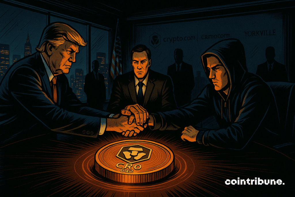 Inside an ultra-modern conference room, with large glass windows overlooking a nighttime skyline reminiscent of New York, Donald Trump extends his right hand toward the center. Across from him, a man in a black suit with a serious expression represents Yorkville. To his left, a young man with a tech look, wearing a dark hoodie, represents Crypto.com. Their hands meet above a massive CRO token, stylized in shining metal.
