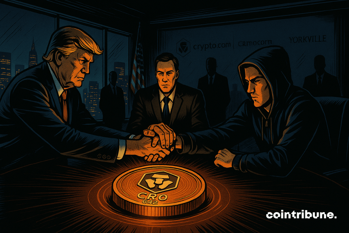 Inside an ultra-modern conference room, with large glass windows overlooking a nighttime skyline reminiscent of New York, Donald Trump extends his right hand toward the center. Across from him, a man in a black suit with a serious expression represents Yorkville. To his left, a young man with a tech look, wearing a dark hoodie, represents Crypto.com. Their hands meet above a massive CRO token, stylized in shining metal.