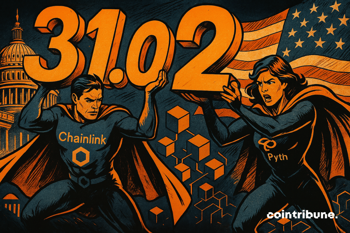 Two stylized heroes lift luminous numbers, surrounded by floating blocks and American silhouettes, expressing strength and dynamism.