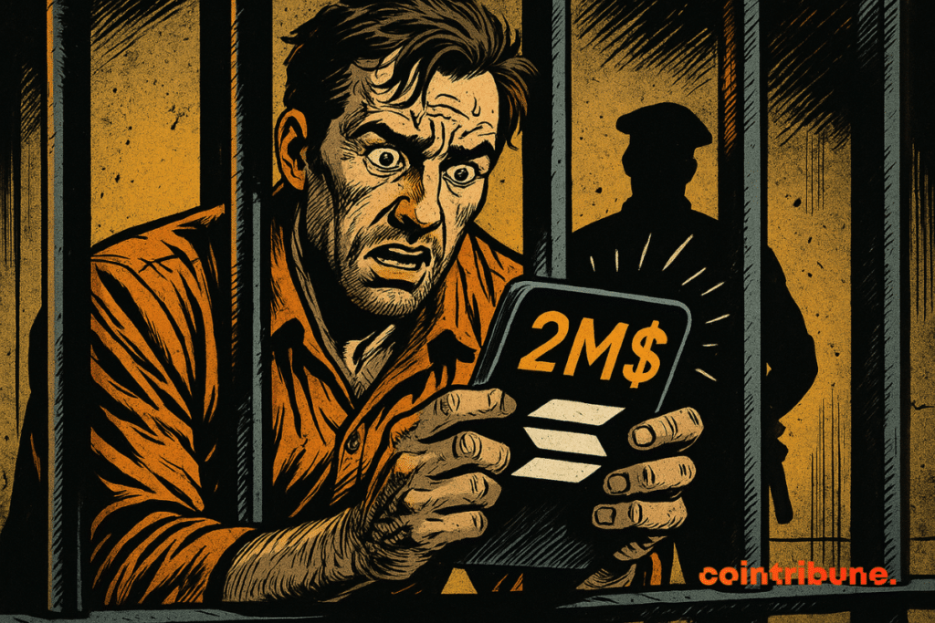 Man behind bars, wrinkled shirt, ashamed expression, holding M Solana wallet, dramatic shadows, orange light, palpable tension.
