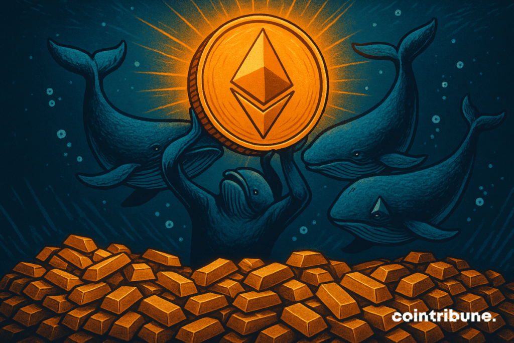 Ilustração de três baleias e uma figura central semelhante a uma baleia levantando uma moeda Ethereum brilhante acima de pilhas de barras de ouro, simbolizando o acúmulo institucional massivo de ETH.