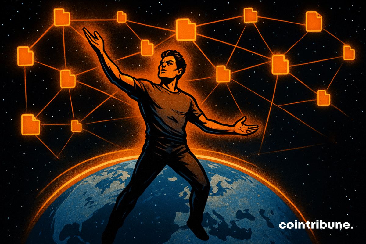 A comic-style man floats above Earth in space, surrounded by glowing orange file icons connected by bright lines.