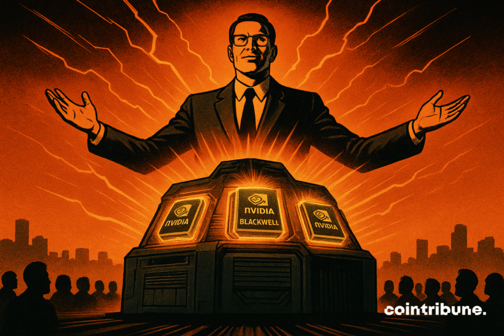 A suited figure unveils a glowing AI workstation with NVIDIA Blackwell GPUs, radiating orange power.
