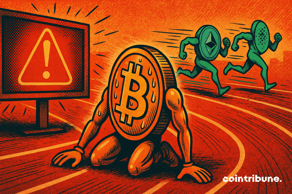 Bitcoin se agota en pista roja, superado por Ethereum y Cardano, bajo una señal de alerta roja intermitente.