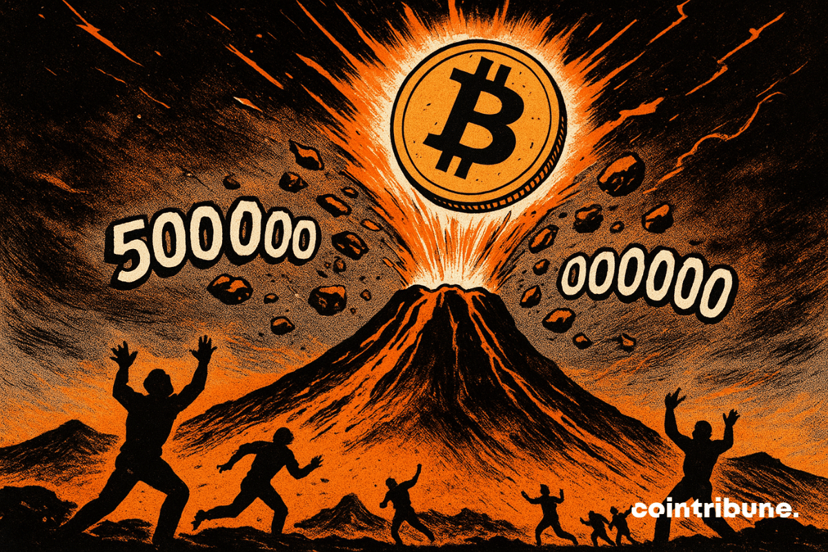 Une éruption volcanique dramatique projette un énorme Bitcoin incandescent vers le ciel, accompagné de chiffres spectaculaires flottant parmi les roches en fusion, tandis que des silhouettes humaines réagissent dans la stupeur et la panique. Style comics 70’s, palette noir, blanc et orange.