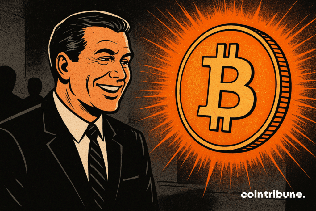 Un CEO sonriente con un traje oscuro se enfrenta a un Bitcoin gigante y brillante que irradia un aura naranja, en un estilo de cómic retro de los años 70, contrastando las sombras con el brillo dorado de la criptomoneda.