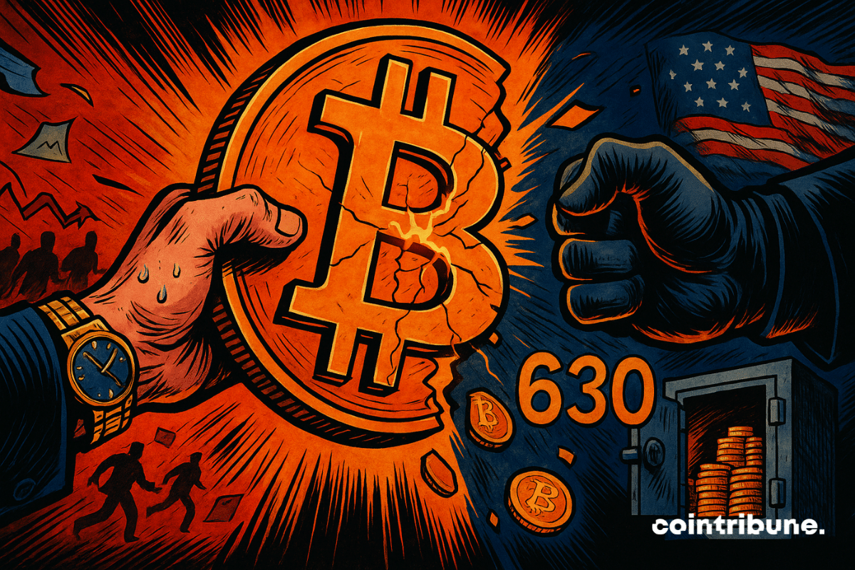 Two hands tear apart a glowing Bitcoin under explosive tension