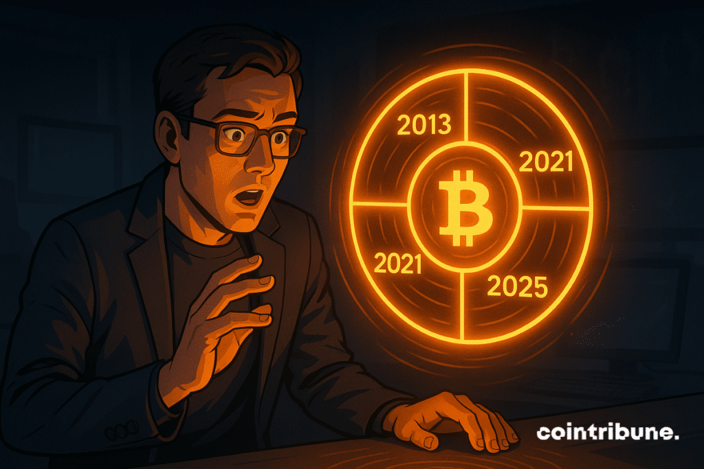 Um analista atordoado descobre um holograma brilhante do ciclo do Bitcoin, revelando datas importantes: 2013, 2017, 2021, 2025.