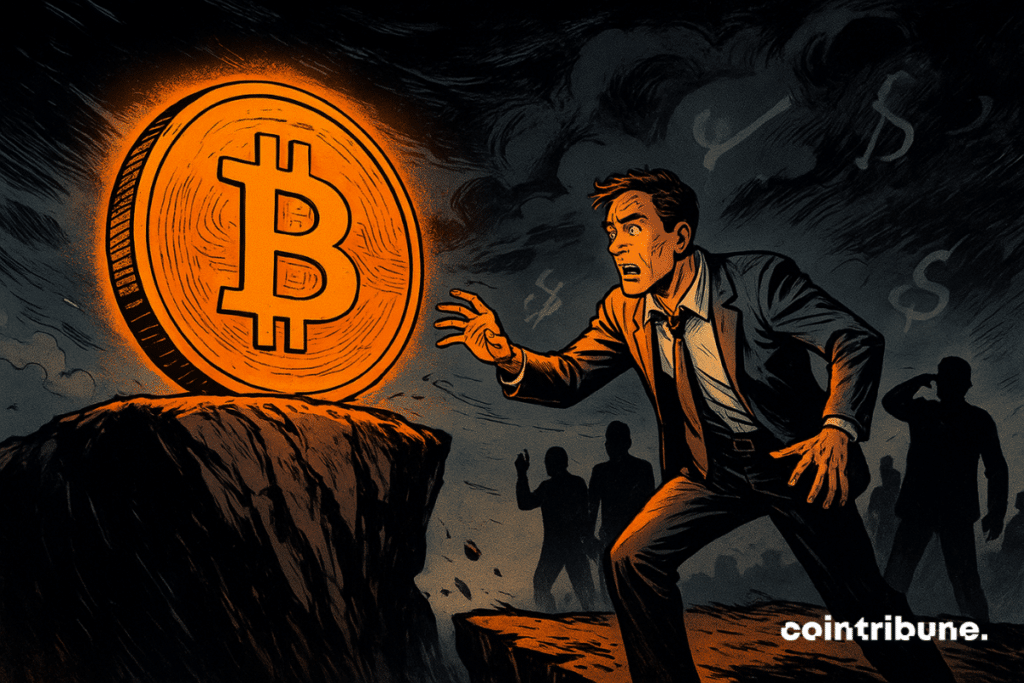 Um Bitcoin brilhante oscila em um penhasco enquanto um investidor nervoso estende a mão sob céus econômicos tempestuosos.