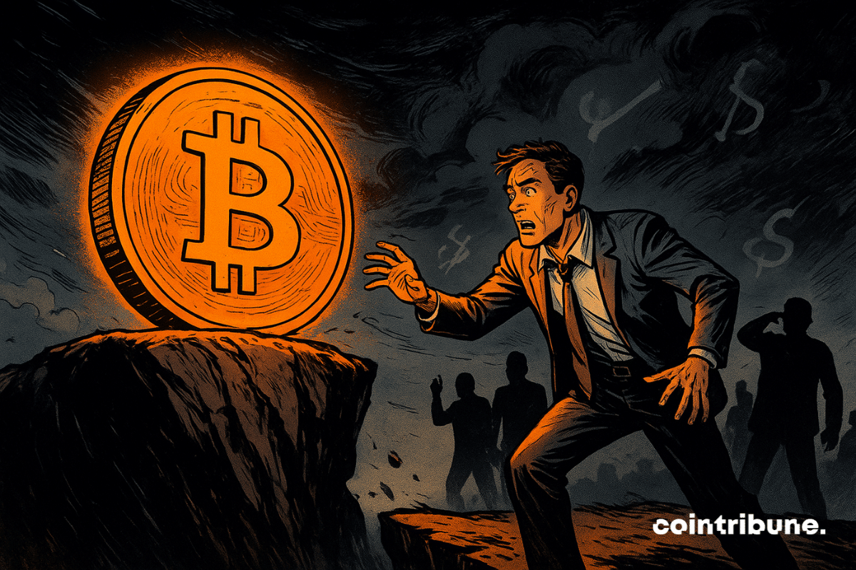 Um Bitcoin brilhante oscila em um penhasco enquanto um investidor nervoso estende a mão sob céus econômicos tempestuosos.