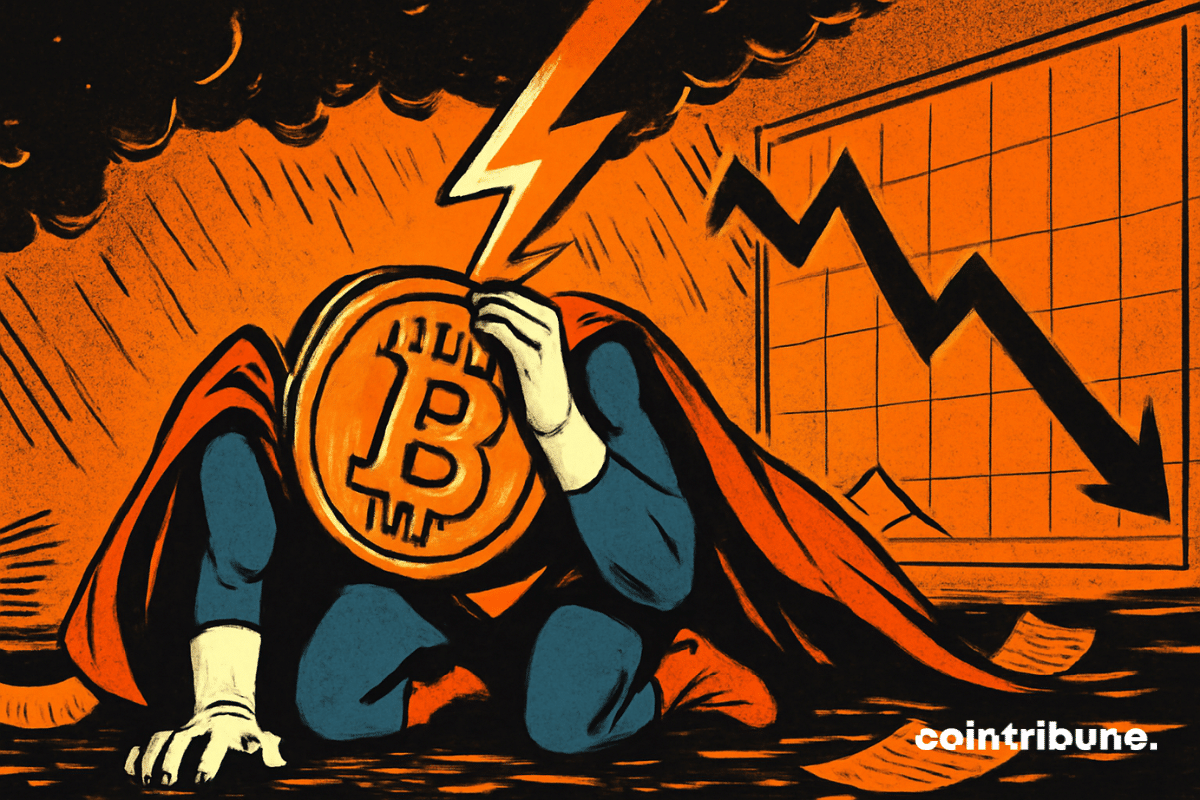Un personaje de Bitcoin disfrazado cae bajo un dramático rayo.