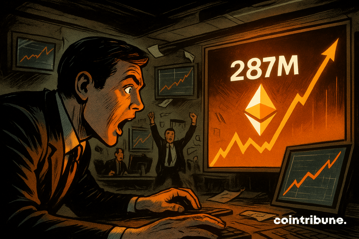 Trader fica chocado quando o Ethereum recupera US$ 287 milhões em telas brilhantes, traders atrás comemoram em estilo de história em quadrinhos.