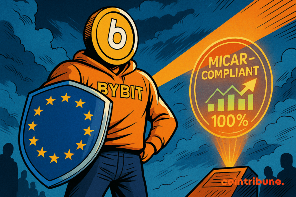 Ilustración de un personaje con el logotipo de Bybit sosteniendo un escudo europeo, lo que representa el cumplimiento de Bybit con MiCAR a través de la tecnología de vigilancia del mercado de Nasdaq.