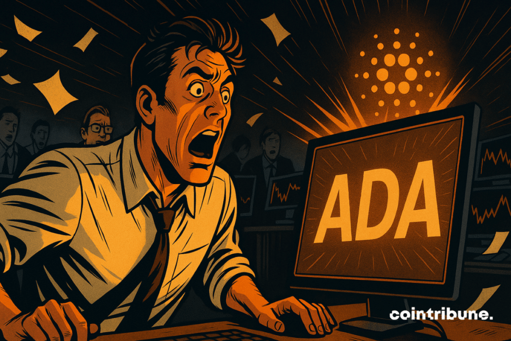 A trader is stunned by a Cardano explosion on screen, illustrating the crypto market frenzy with visual intensity.