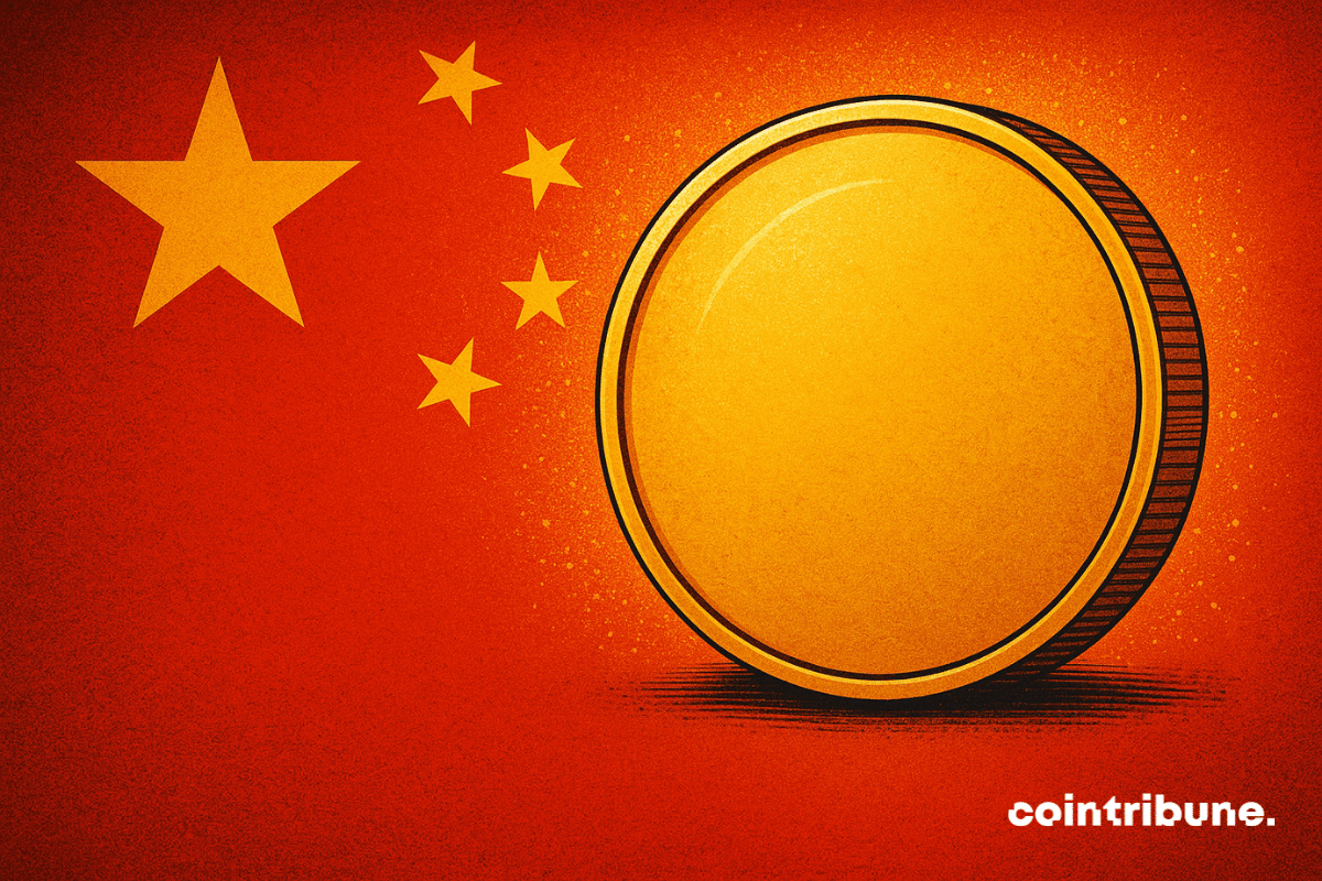 Ilustração de uma moeda dourada sobre um fundo vermelho com a bandeira chinesa, simbolizando a política de yuan digital e criptomoedas da China.