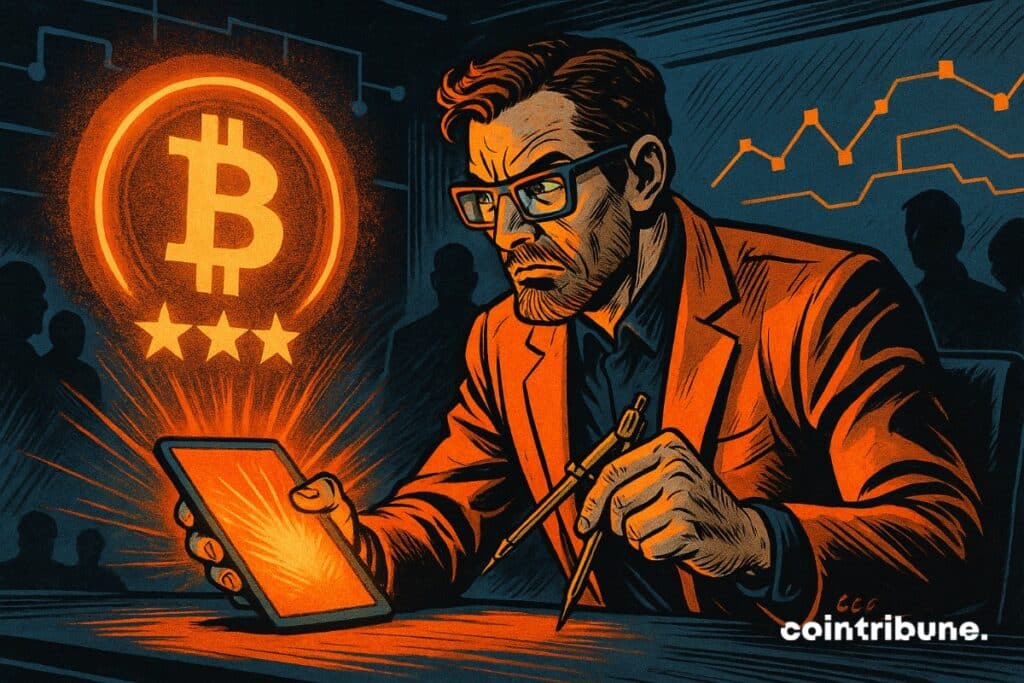 Um arquiteto desenhando uma notação cripto. O bitcoin em destaque.