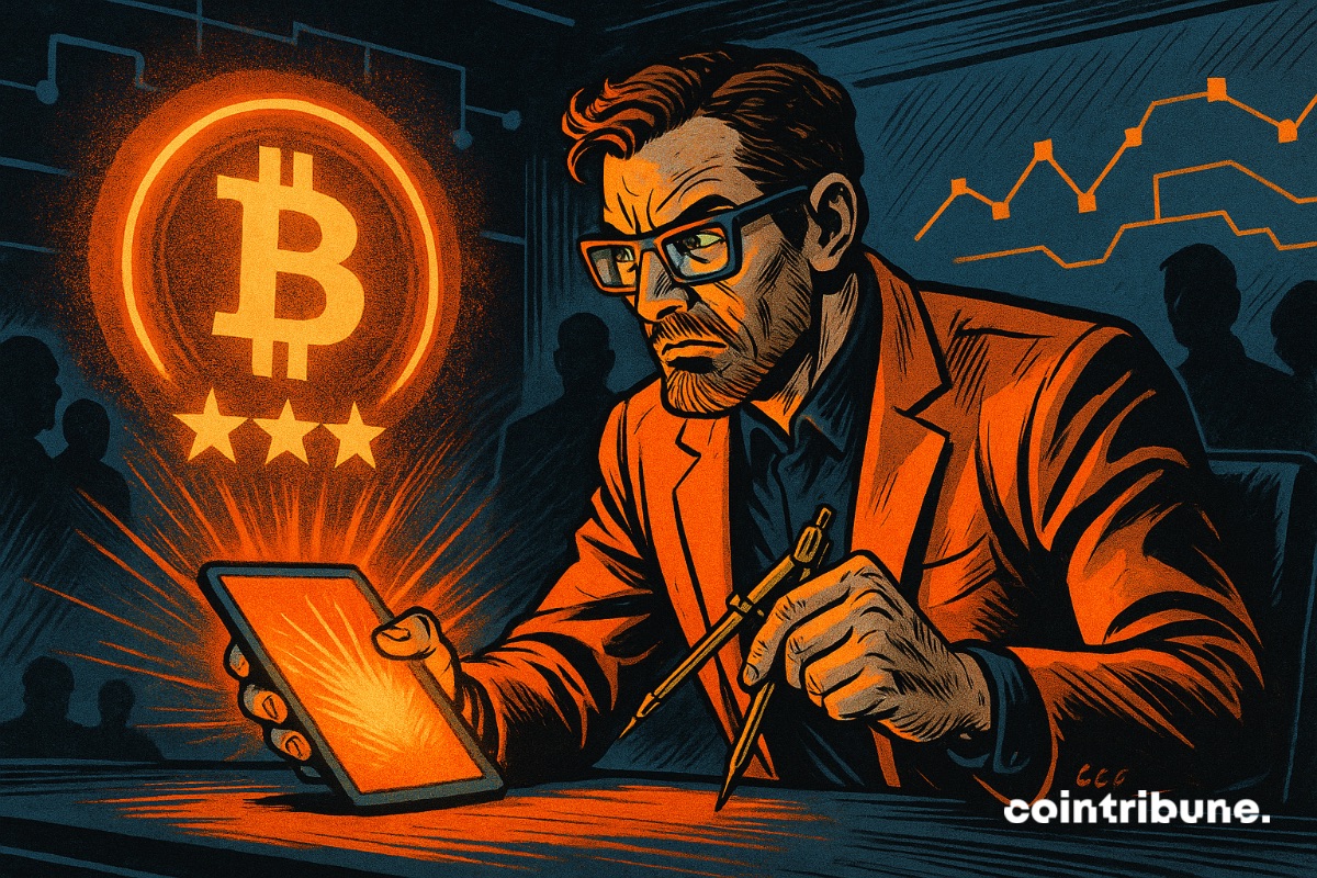 Un arquitecto dibujando una notación cripto. El bitcoin resaltado.