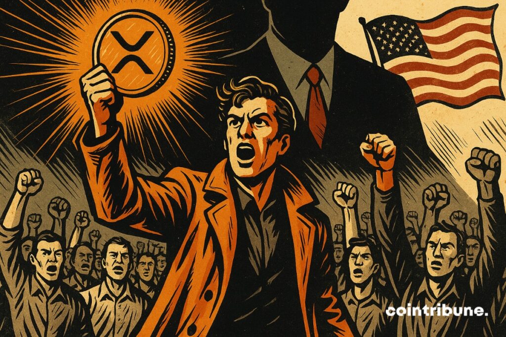A representative from Ripple with an XRP crypto token, surrounded by a crowd of people challenging the SEC.