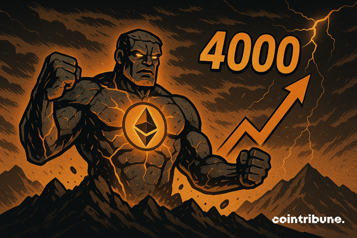 Um colosso de pedra Ethereum desperta, com rachaduras alaranjadas brilhantes, o número 4000 e uma seta ascendente sob um céu tempestuoso.