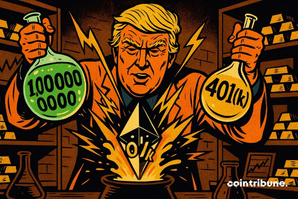 Donald Trump como um alquimista que coloca US$ 1 bilhão e 401(k) em um caldeirão que transforma Ethereum.
