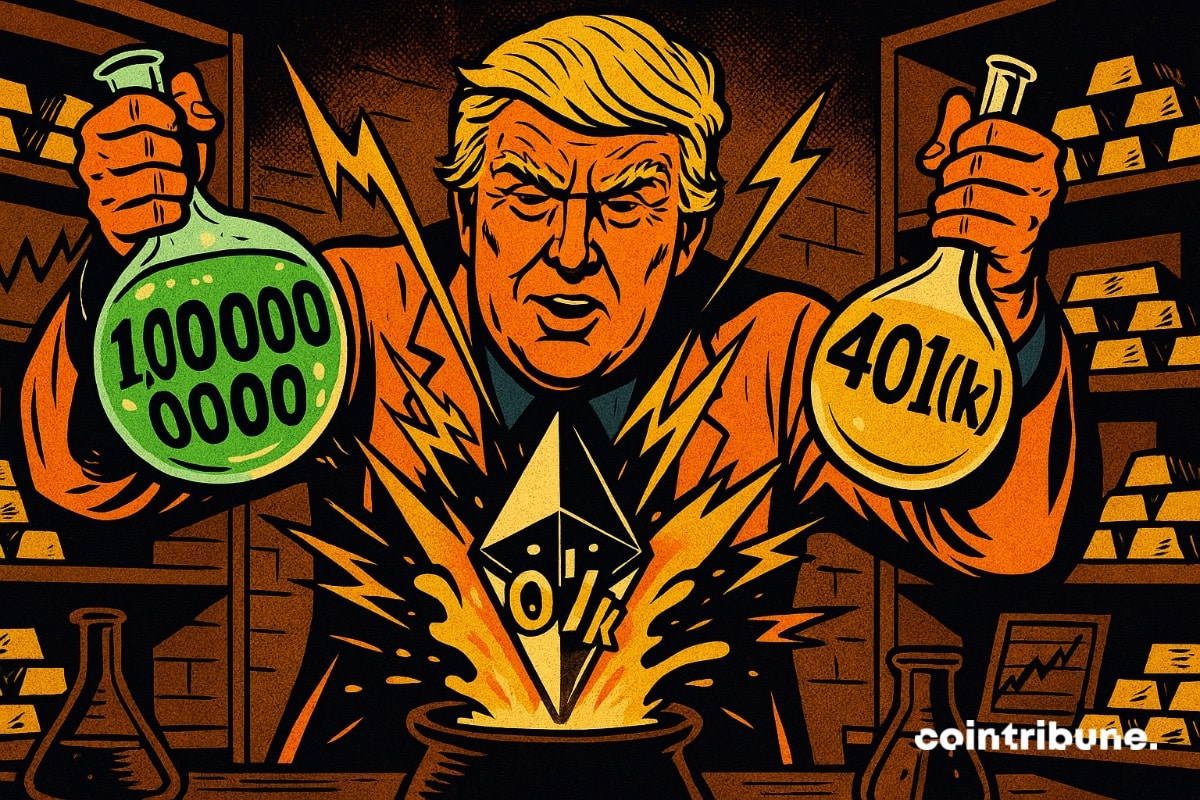 Donald Trump como um alquimista que coloca US$ 1 bilhão e 401(k) em um caldeirão que transforma Ethereum.