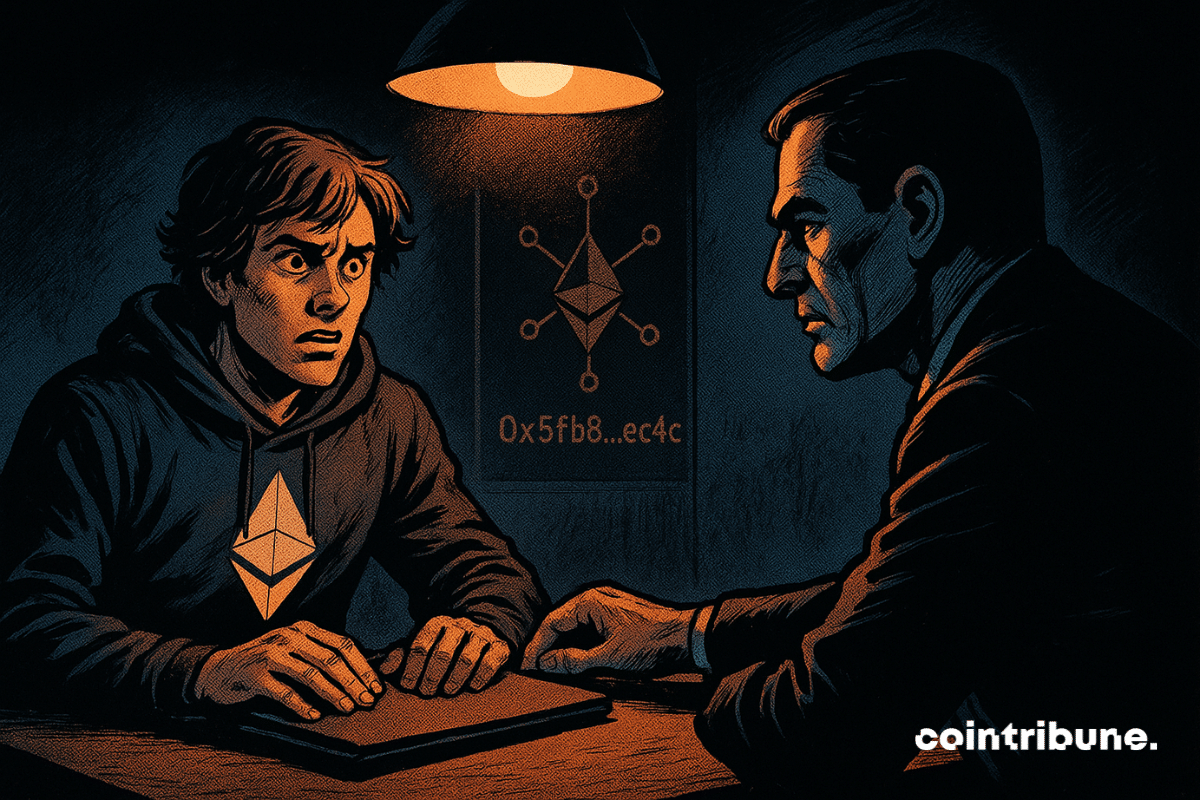 Tense comic-style scene of Ethereum dev under orange spotlight, facing stern Turkish interrogator in shadow.