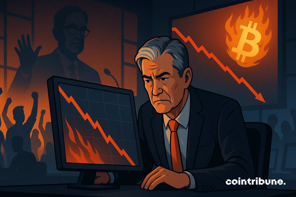 Un analyste inquiet observe un crash crypto, tandis qu'une foule euphorique célèbre, sous l’ombre de Powell et Bitcoin en flammes.