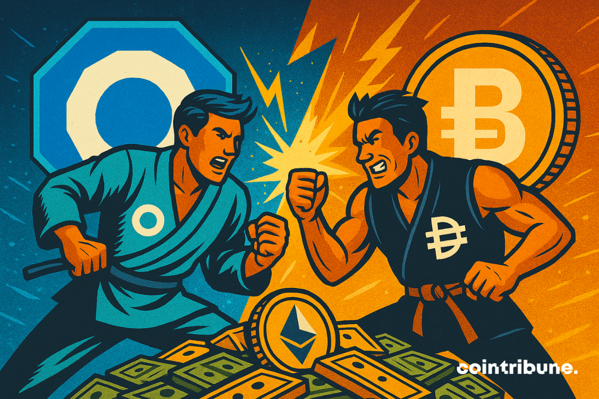 Illustration of two fighters representing Hyperliquid and Binance squaring off in a battle over crypto derivatives market share, with Ethereum and dollar symbols at their feet, symbolizing the competition for trading dominance.