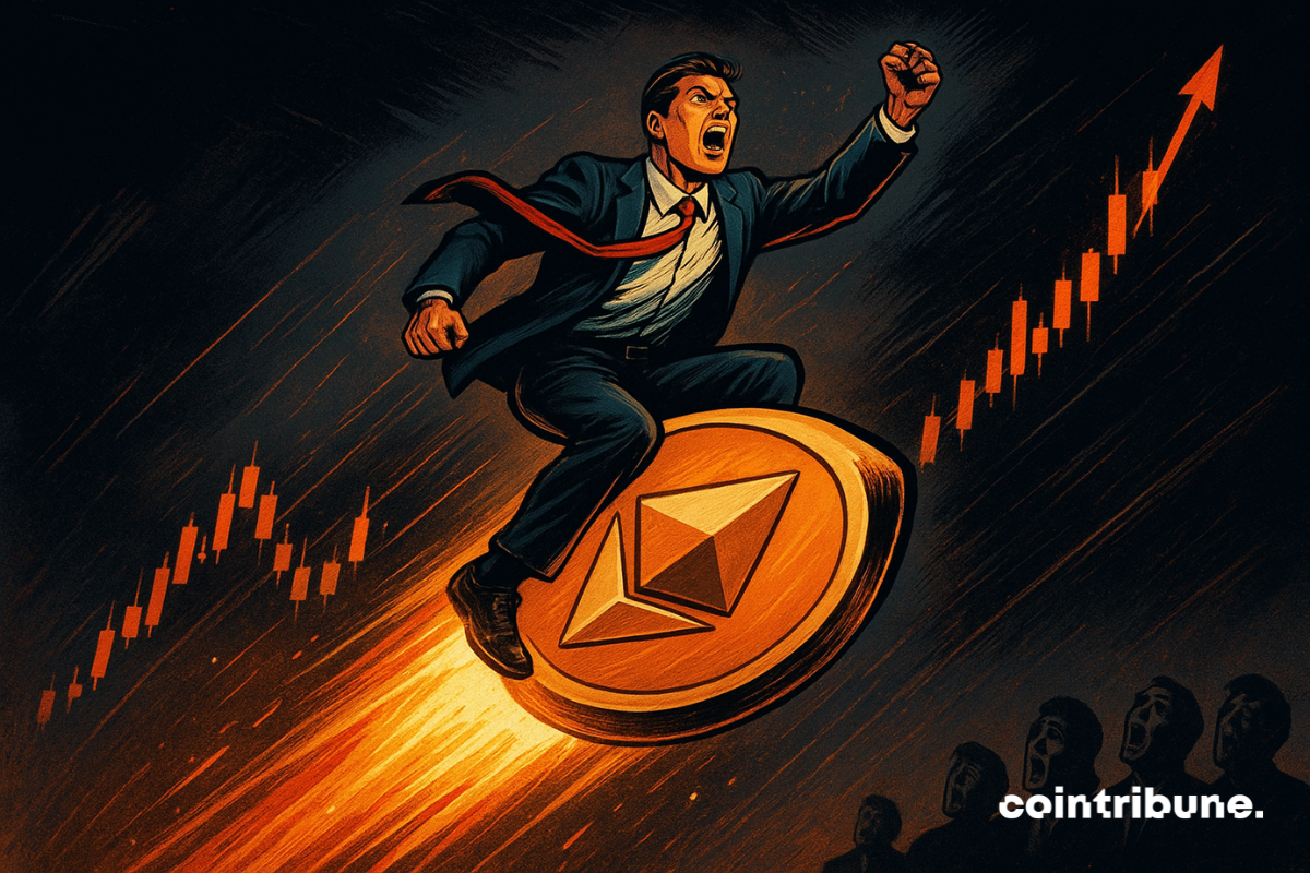 Um homem de terno voa em um foguete de moeda Ethereum em chamas, com gráficos e espectadores surpresos ao fundo.