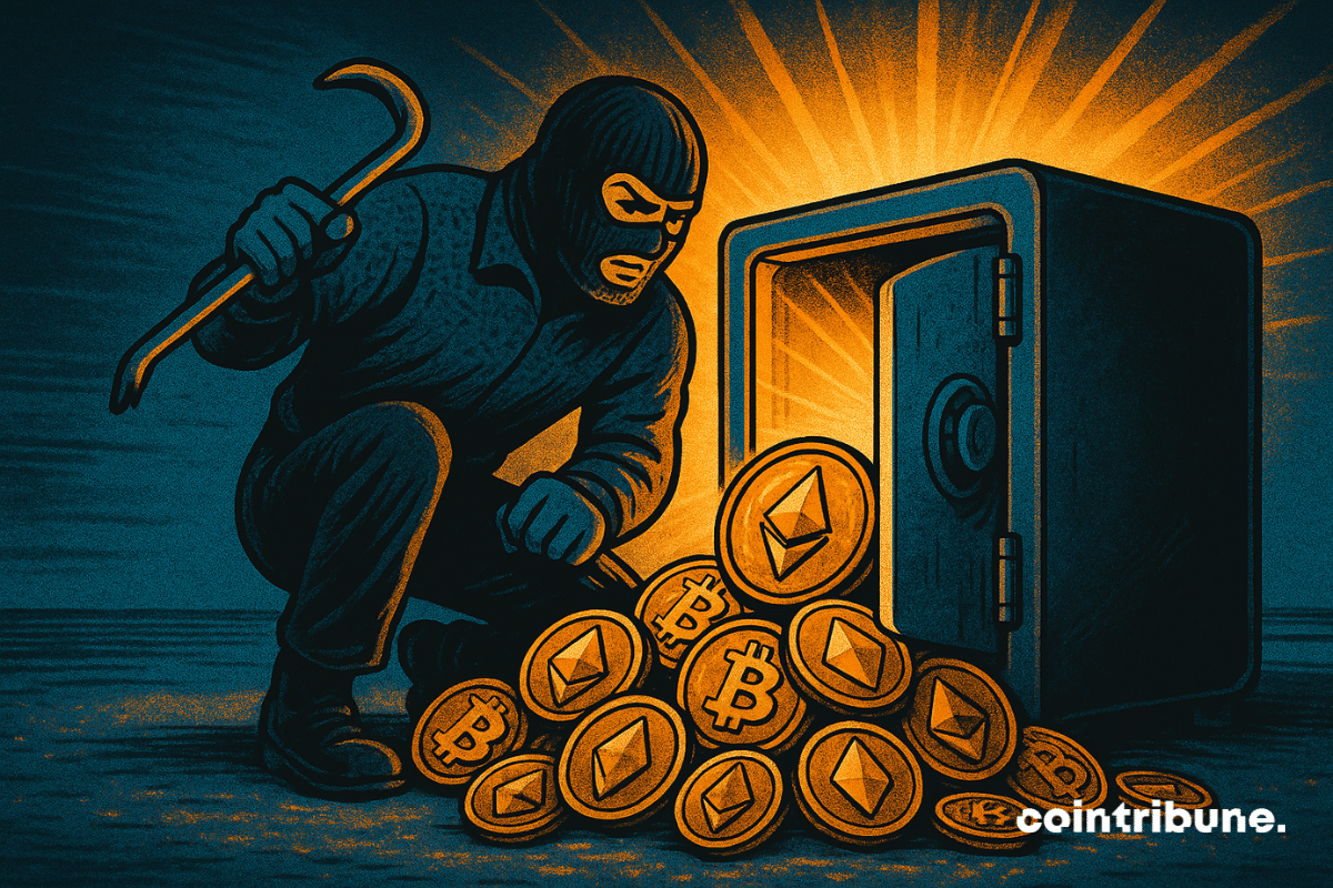Ilustração de um hacker mascarado roubando moedas Bitcoin e Ethereum de um cofre, simbolizando roubo de criptomoedas, hacks e riscos de segurança DeFi.